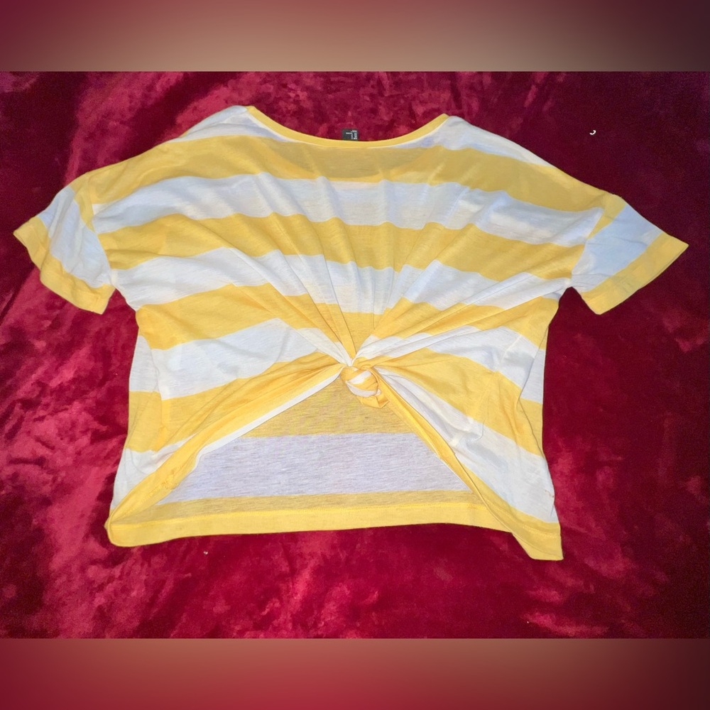 H&M Women's yellow white sheer striped crop top- Small Knot Tee